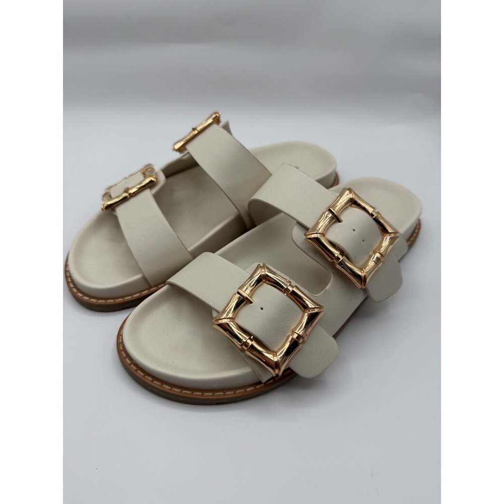Jason Wu Marzan Luxe Slide Sandals Women 7 Ivory Gold Bamboo Double Buckle
